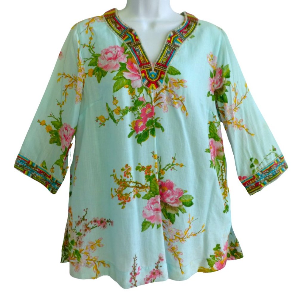 Soft Surroundings Aqua Mirielle Floral Tunic Embroidered V Neck Boho Cottagecore
